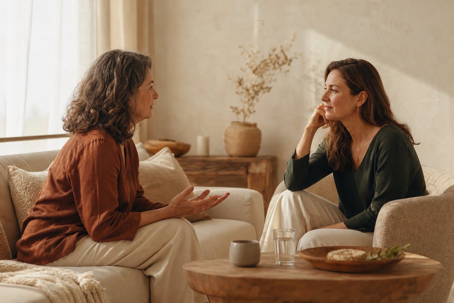 Two people in conversation in a sunlit consulting room