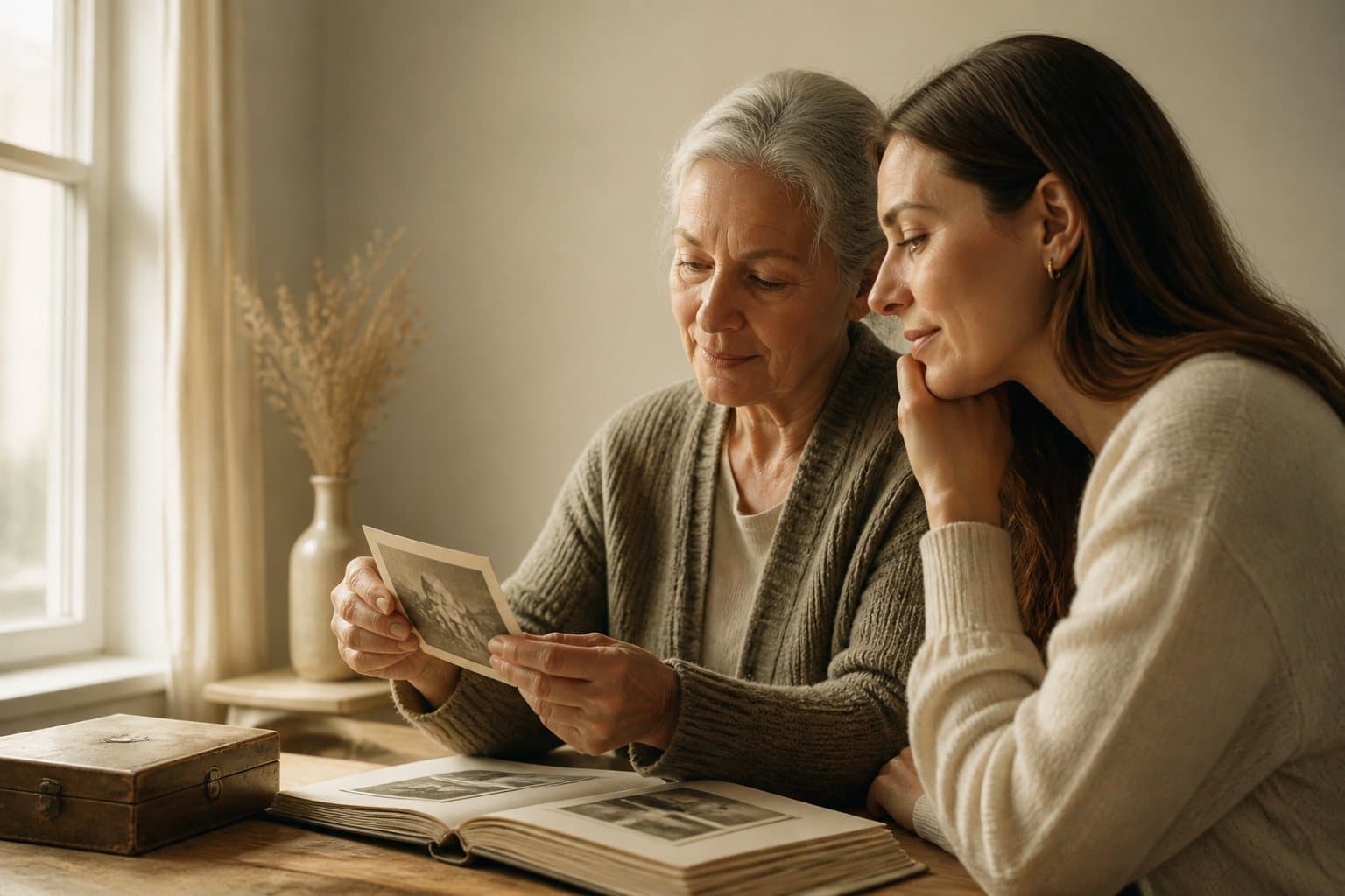 Two people looking through photographs together