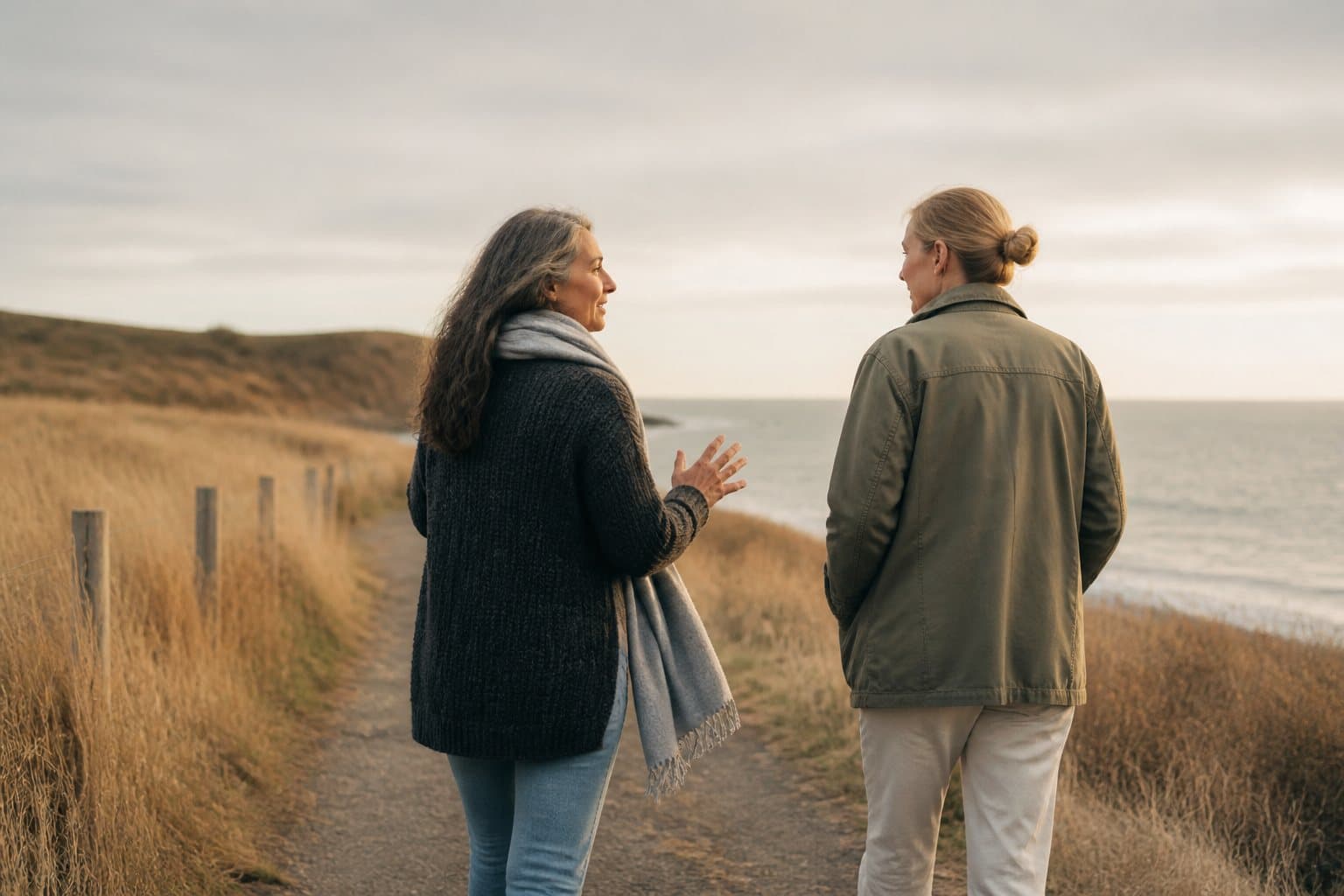 Two people walking and talking on a coastal path