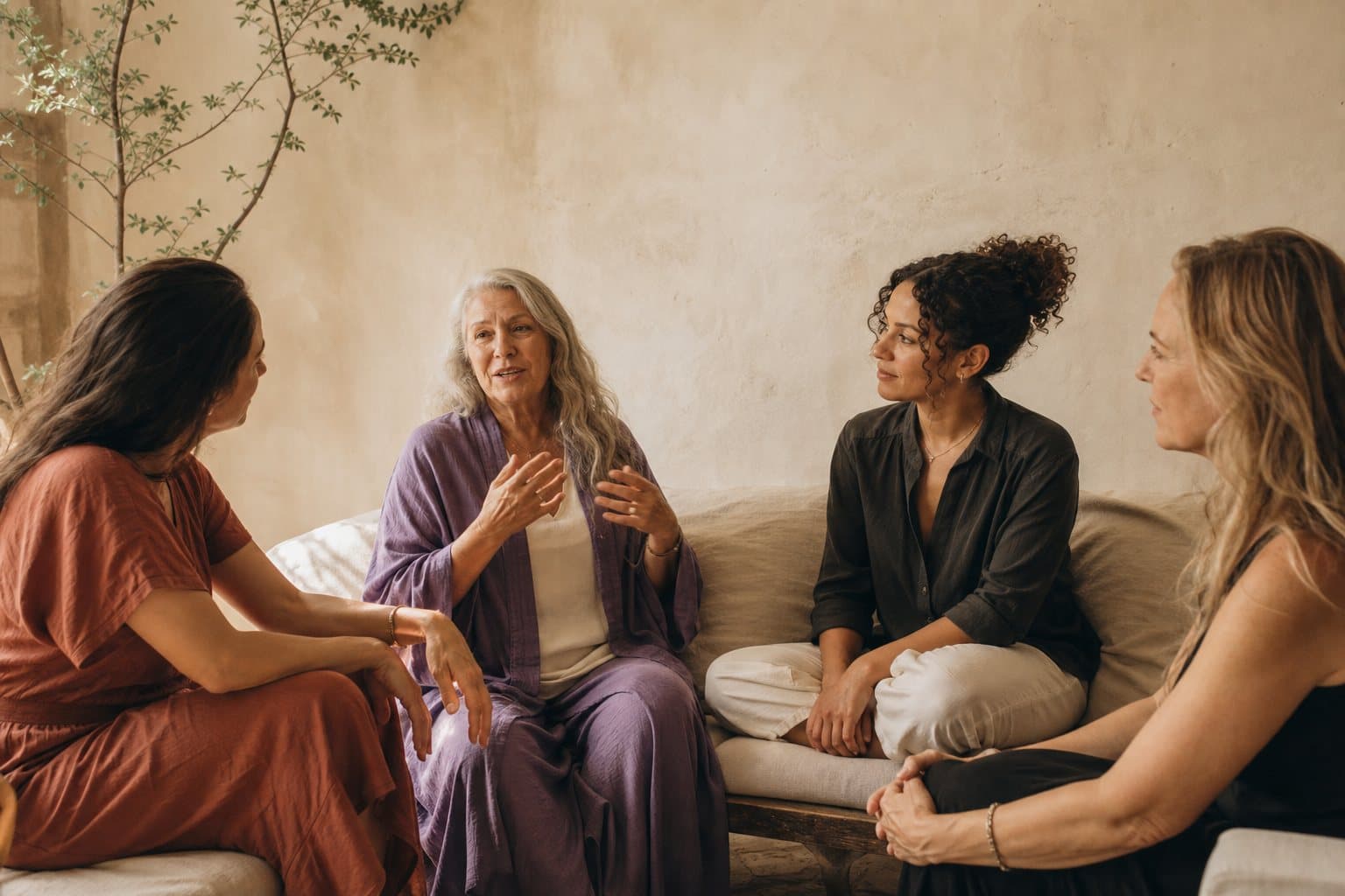 A circle of women in conversation in a warm room