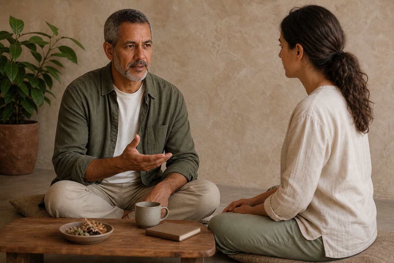 Fictional demo meditation mentor in a client consultation