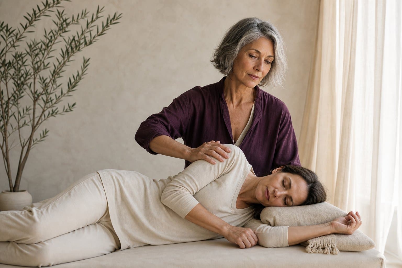 Fictional demo practitioner conducting a somatic bodywork session